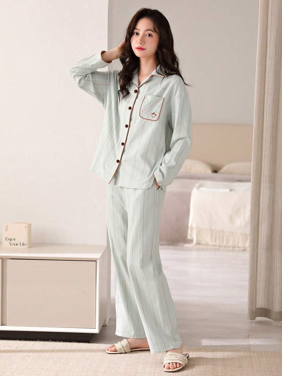 SHEIN AICJ بيجاما نسائية 2 قطعة مخططه ومريحة
