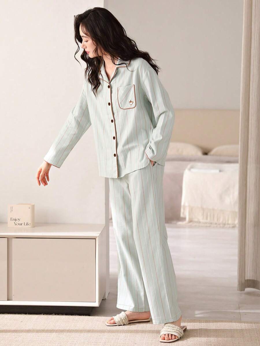 SHEIN AICJ بيجاما نسائية 2 قطعة مخططه ومريحة