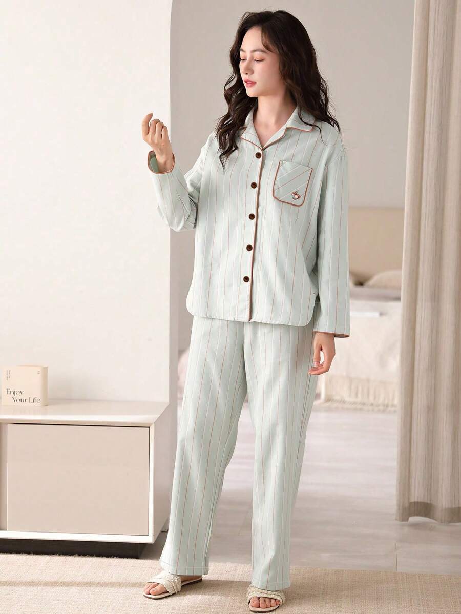SHEIN AICJ بيجاما نسائية 2 قطعة مخططه ومريحة