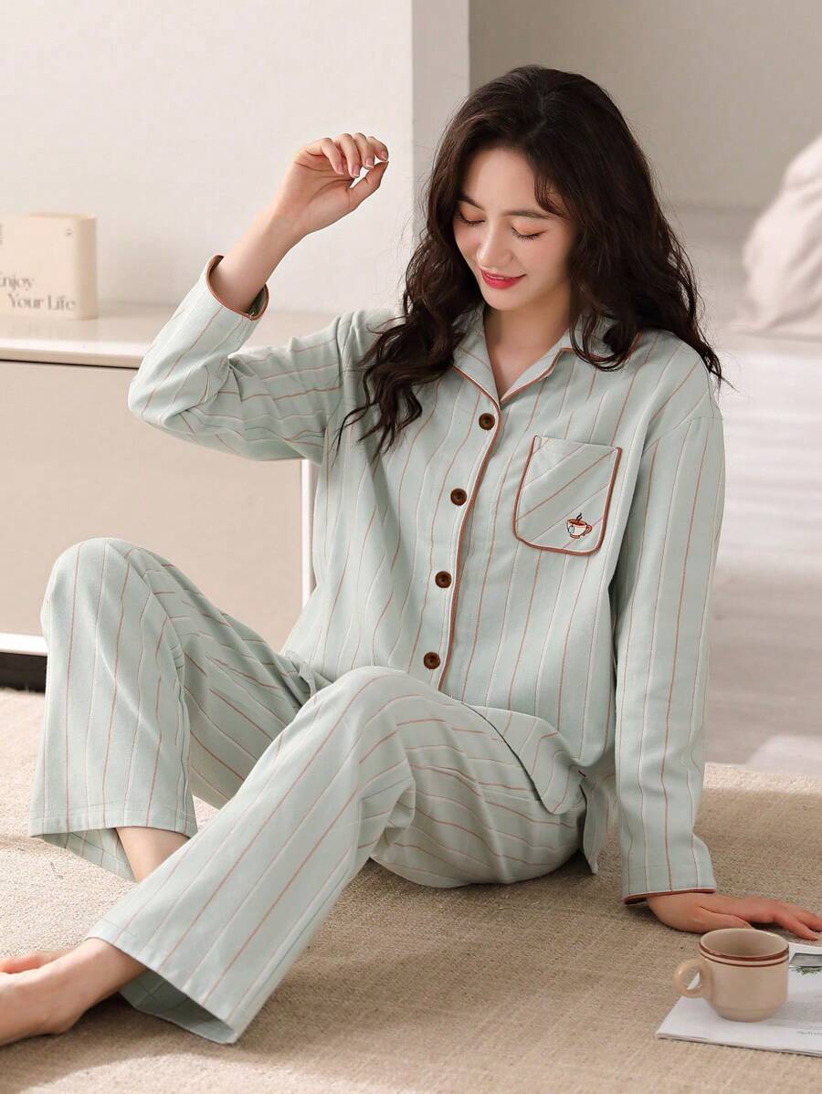 SHEIN AICJ بيجاما نسائية 2 قطعة مخططه ومريحة