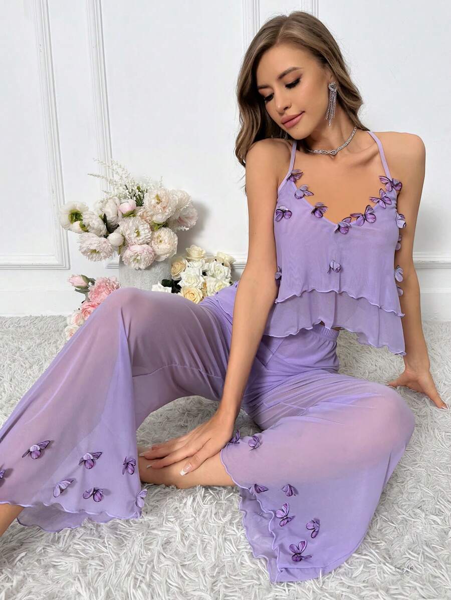 SHEIN Crystal Vow 3D بيجامة نسائية مزينة بفراشة