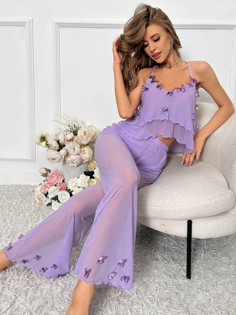 SHEIN Crystal Vow 3D بيجامة نسائية مزينة بفراشة