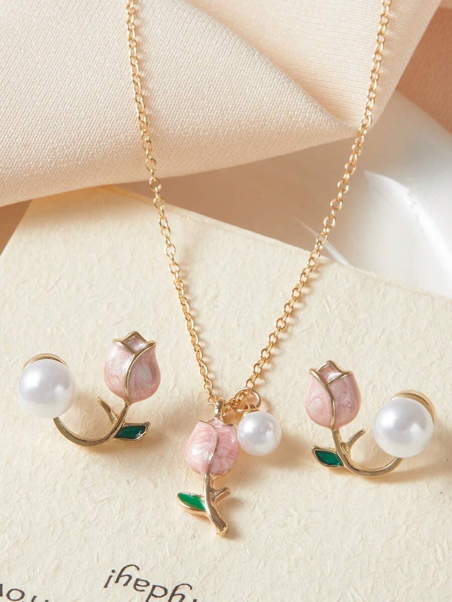 SHEIN مجموعة مكونة من 3 قطع قلادة و أقراط بتصميم زهرة التوليب