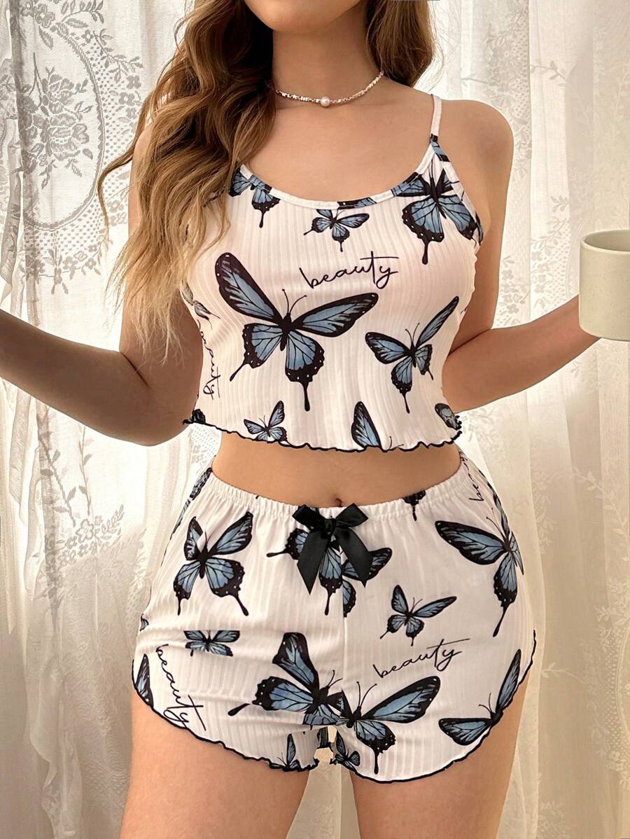 SHEIN Dream Adore بيجامة مكونة من توب كامي وشورت مطبوع عليها فراشات للنساء
