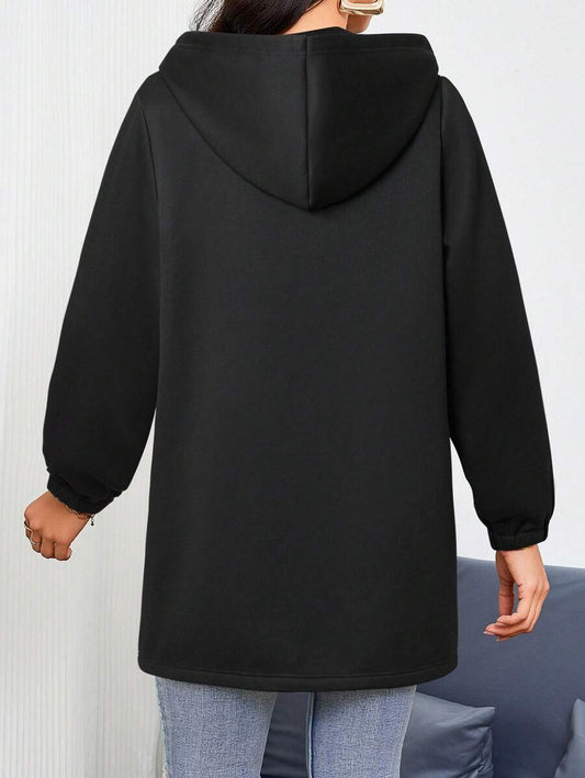 SHEIN INAWLY بلوفر اسود طويل بقلنسوة وأكمام طويلة