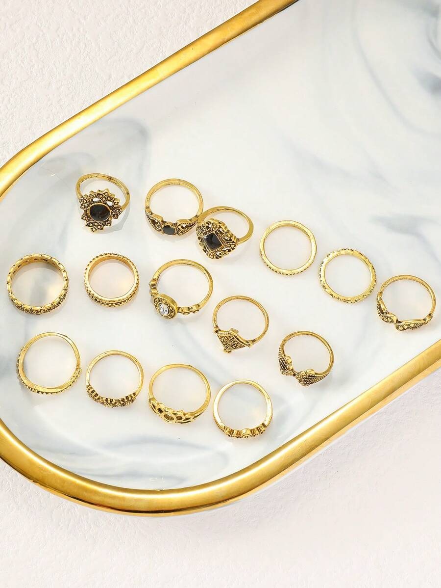SHEIN مجموعة 15 قطعة خاتم بتصميم فينتاج أنيق مستوحى من الطبيعة