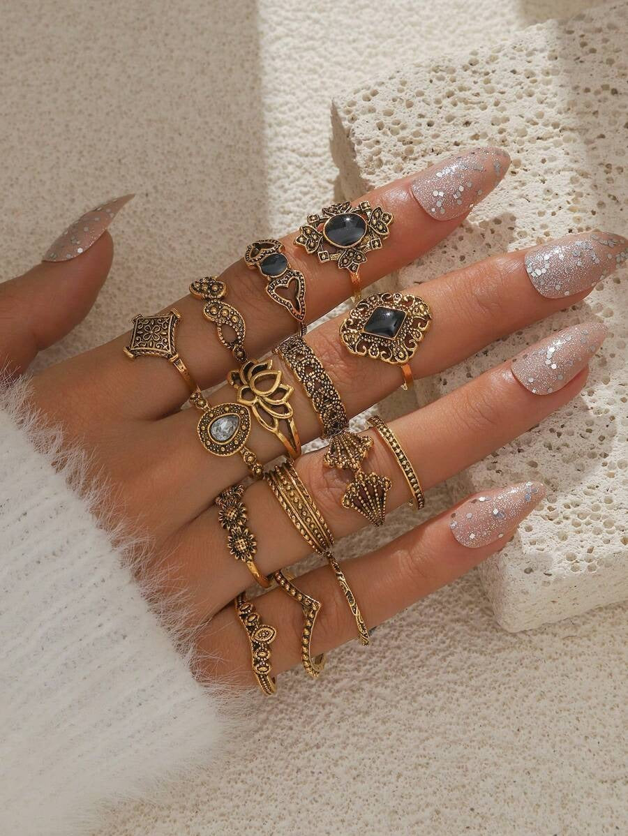 SHEIN مجموعة 15 قطعة خاتم بتصميم فينتاج أنيق مستوحى من الطبيعة
