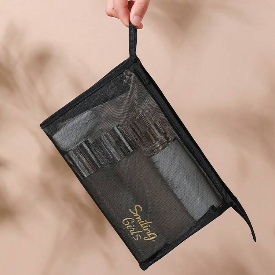 SHEIN مجموعة حقائب تجميل سوداء 5 قطع شبكية للتخزين