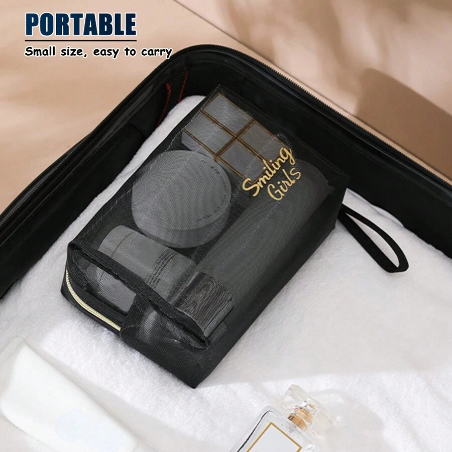 SHEIN مجموعة حقائب تجميل سوداء 5 قطع شبكية للتخزين