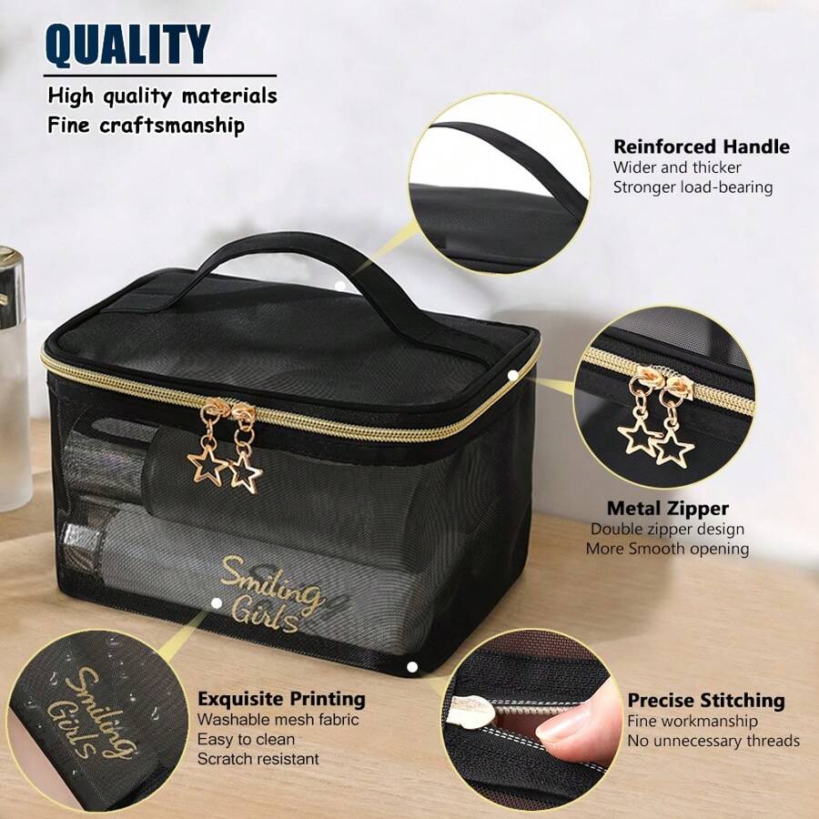 SHEIN مجموعة حقائب تجميل سوداء 5 قطع شبكية للتخزين