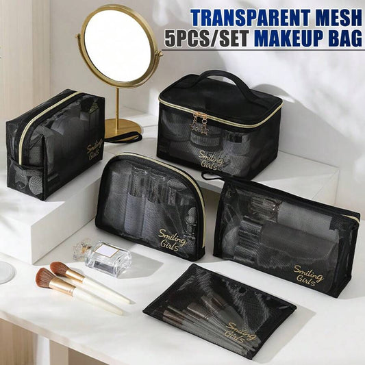 SHEIN مجموعة حقائب تجميل سوداء 5 قطع شبكية للتخزين