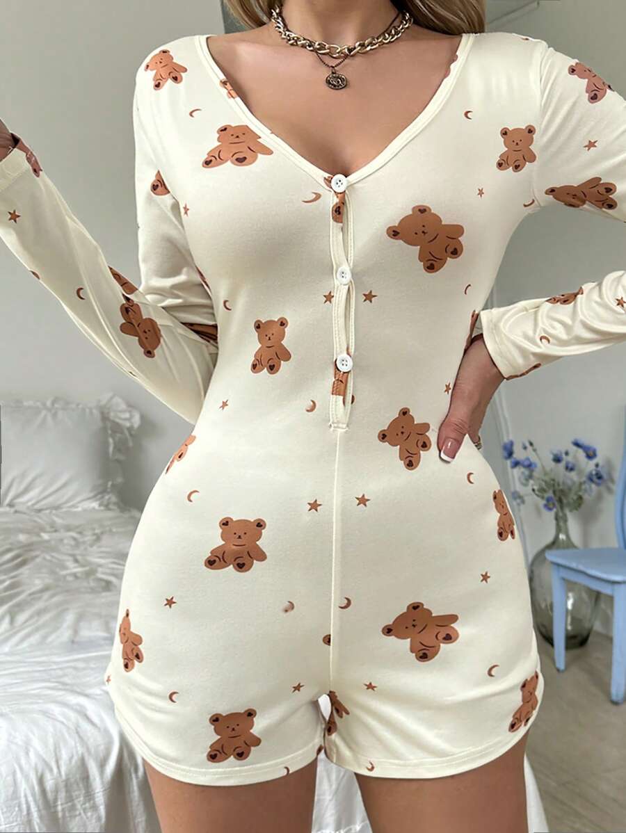 SHEIN رومبير ضيق مطبوع بالدب والنجوم والقمر