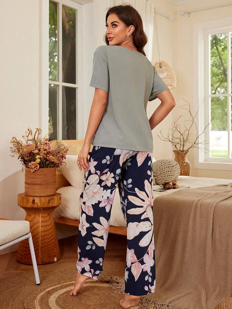 SHEIN Serenescape مجموعة بيجاما راقية للنساء عبارة عن زهور كبيرة من القطن 2 قطعة