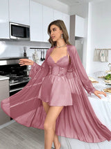 SHEIN SilkySpell قميص نوم بلون وردي جذاب وروب