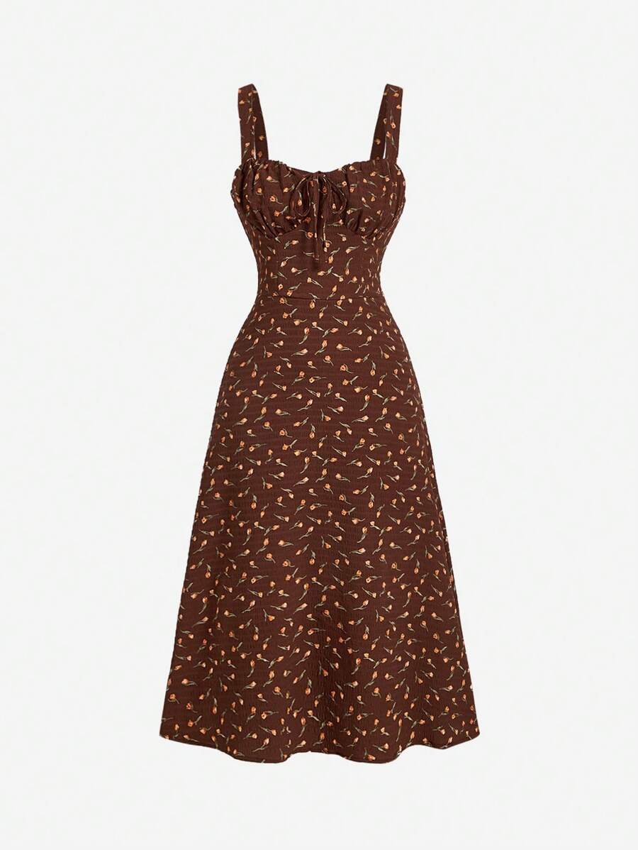 SHEIN MOD فستان بني متوسط الطول بطباعة زهور نمط ريفي