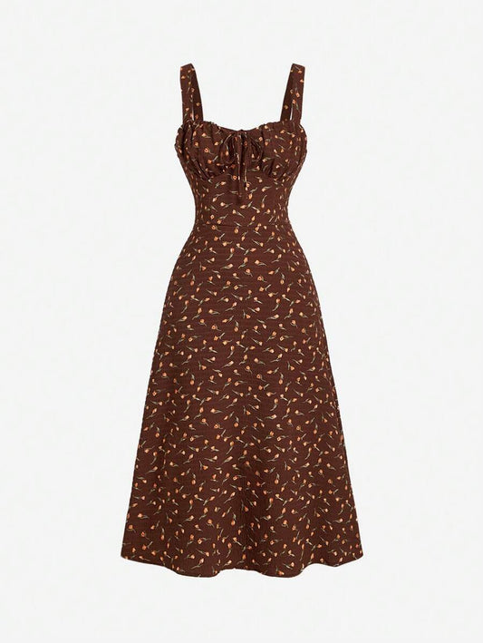 SHEIN MOD فستان بني متوسط الطول بطباعة زهور نمط ريفي