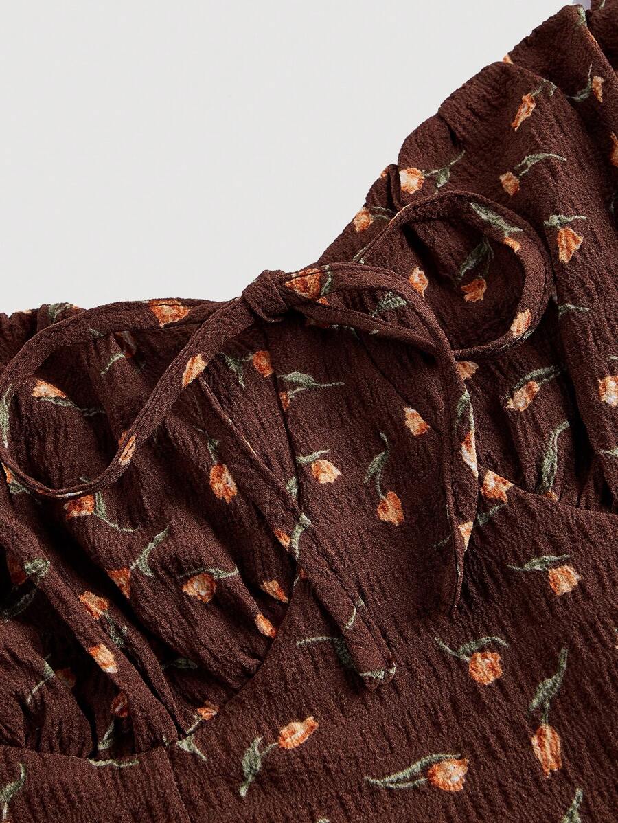 SHEIN MOD فستان بني متوسط الطول بطباعة زهور نمط ريفي