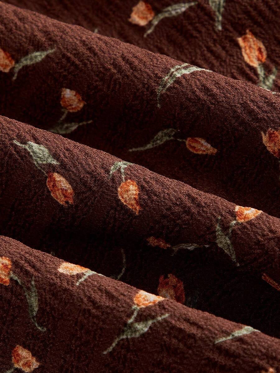 SHEIN MOD فستان بني متوسط الطول بطباعة زهور نمط ريفي