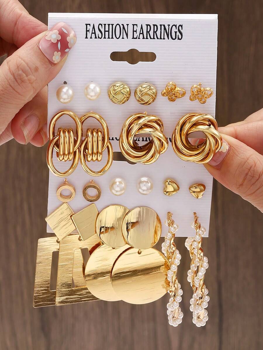 SHEIN مجموعة 11 زوج أقراط بتصاميم متنوعة ولؤلؤ اصطناعي
