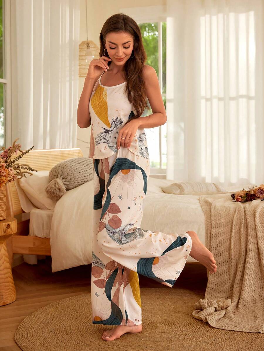 SHEIN طقم بيجامة طائر و طباعة ورقة متقاطع خلفي