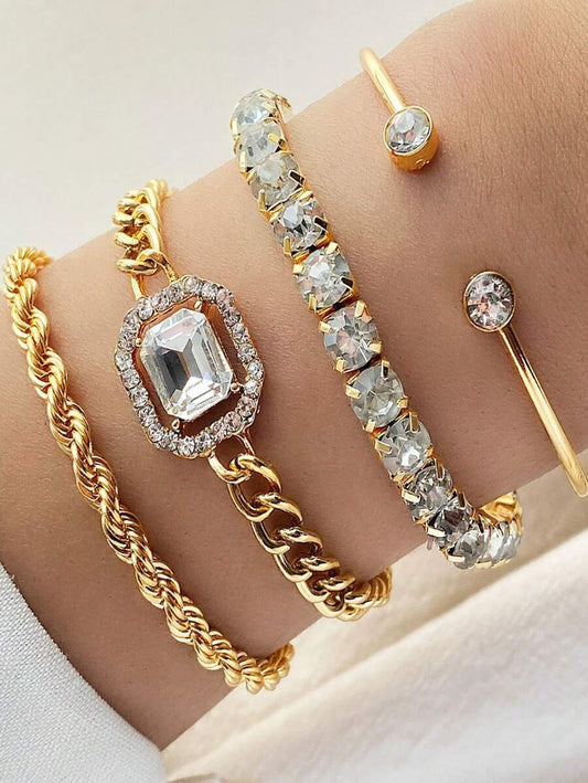 SHEIN مجموعة أساور ذهبية 4 قطع مجدولة مرصعة بالراين