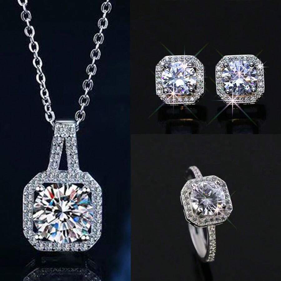 SHEIN طقم مجوهرات 3 قطع فضي قلادة ماس قصيرة وأقراط وخاتم