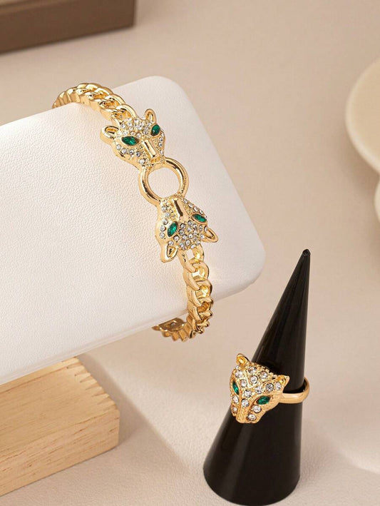 SHEIN مجموعة سوار وخاتم ذهبي برأس فهد مفتوح