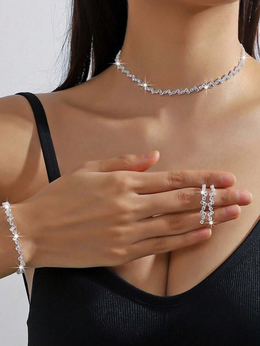 SHEIN مجموعة مجوهرات 4 قطع كريستال فضية براقة