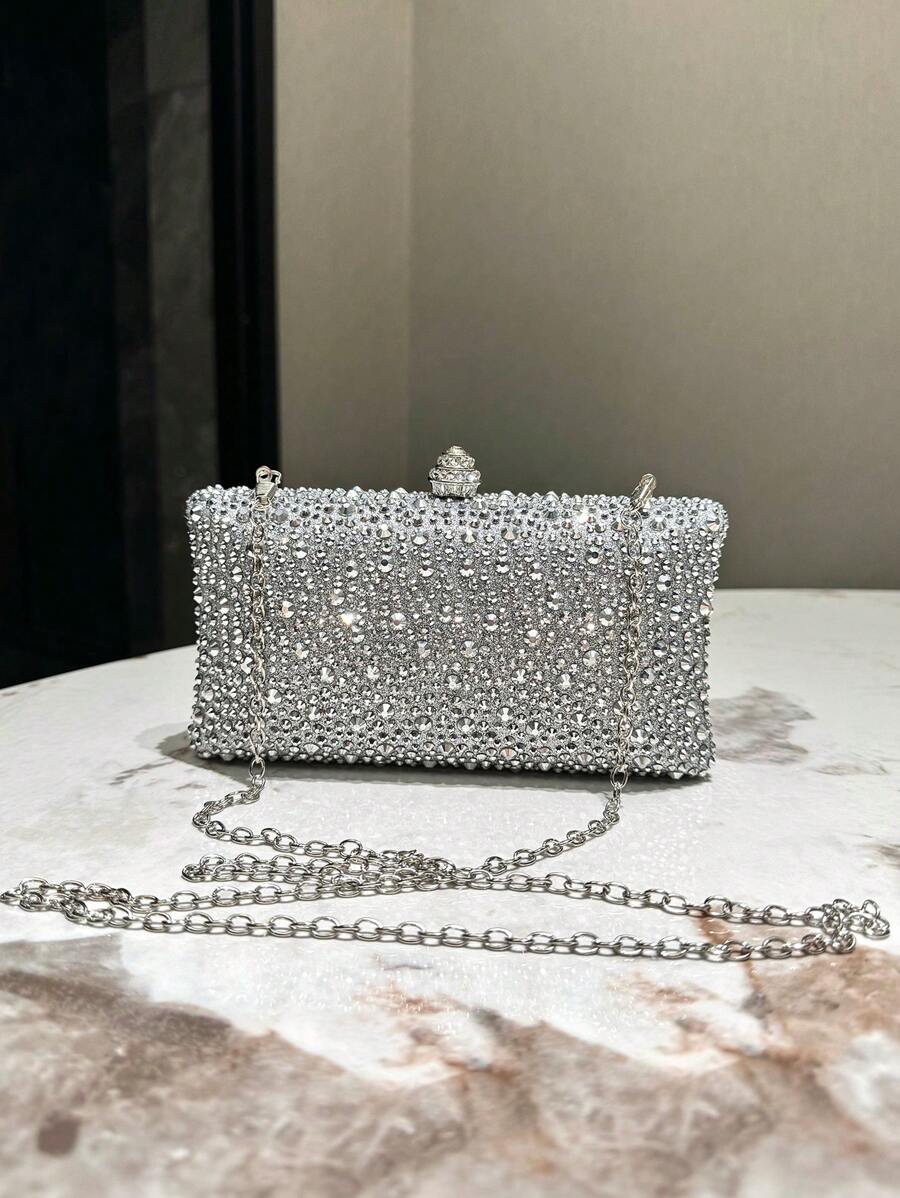 SHEIN حقيبة كلاتش فضية مزينة بالراين ستون بسلسلة معدنية