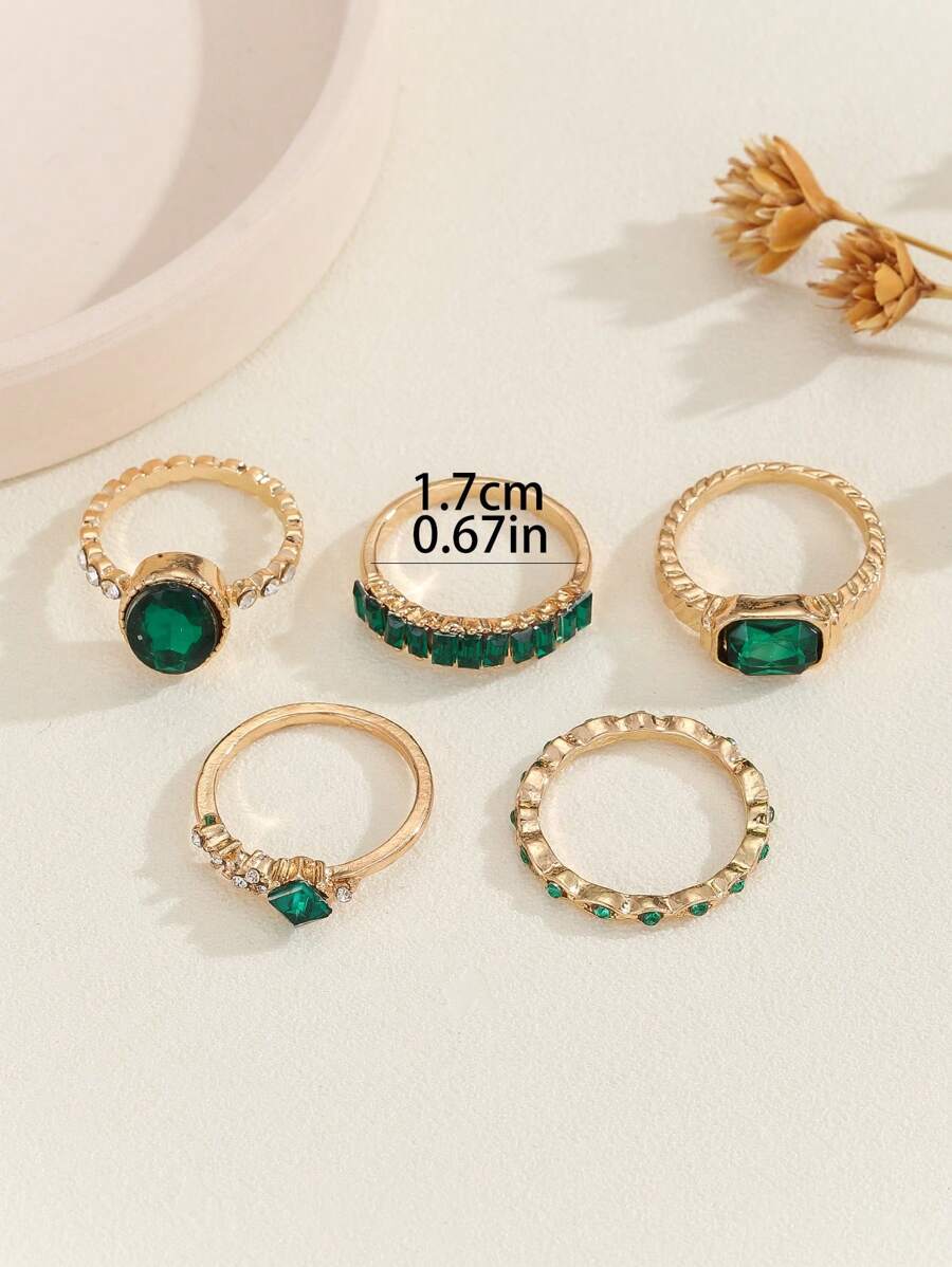 SHEIN طقم خواتم نسائية ذهبية زمردية 5 قطع