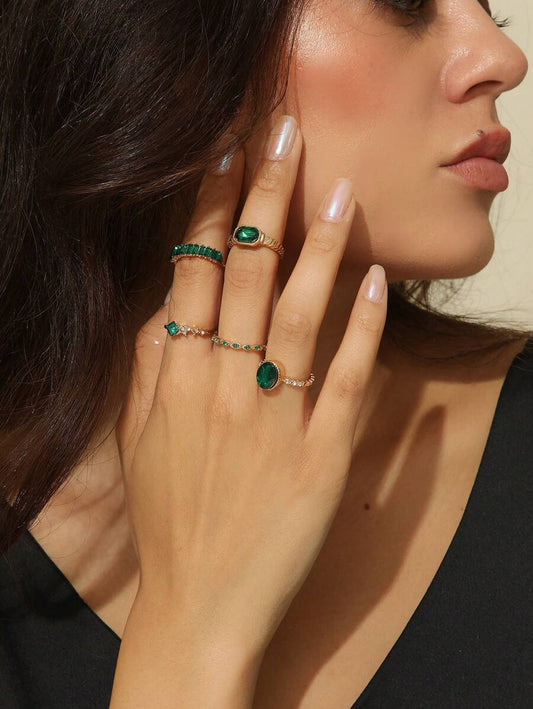 SHEIN طقم خواتم نسائية ذهبية زمردية 5 قطع