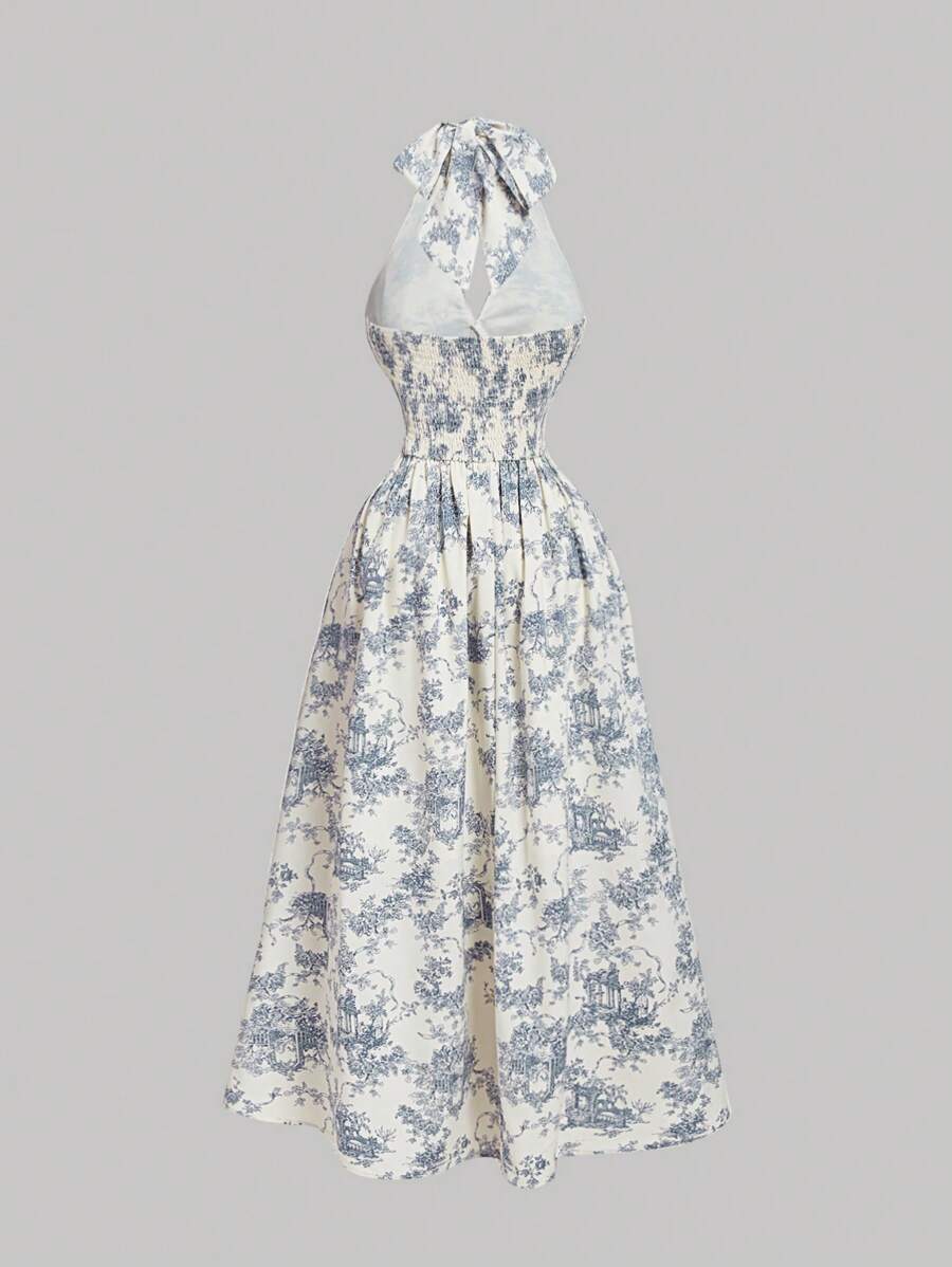 SHEIN MOD فستان بطباعة خزف أزرق وأبيض