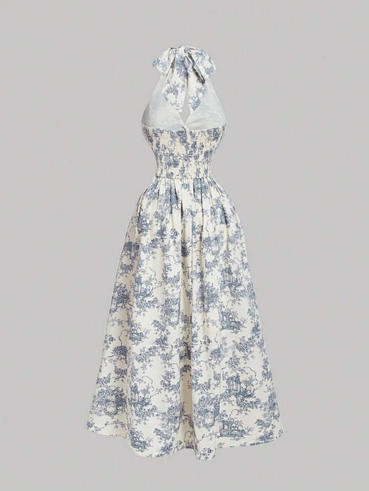 SHEIN MOD فستان بطباعة خزف أزرق وأبيض