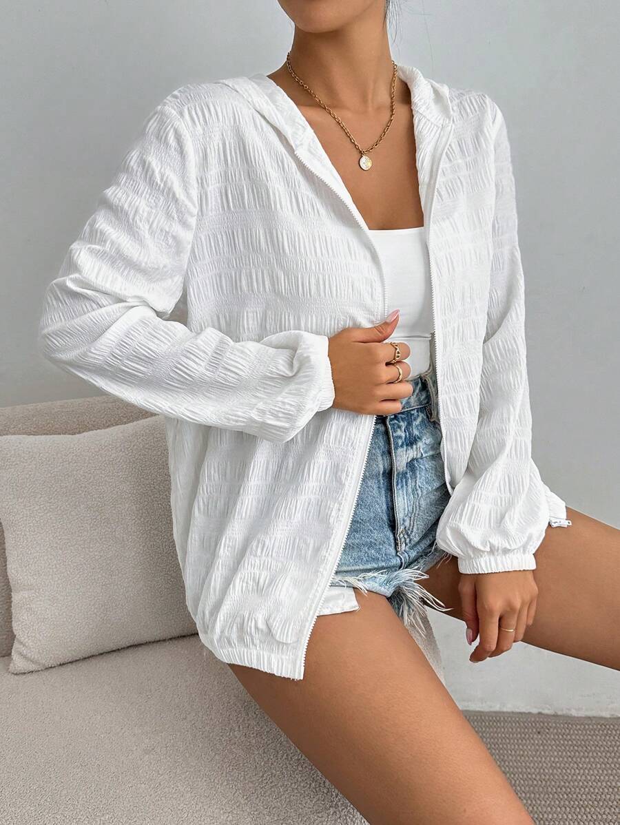 SHEIN Dayvera جاكيت نسائي أبيض خفيف بغطاء رأس وأكمام طويلة