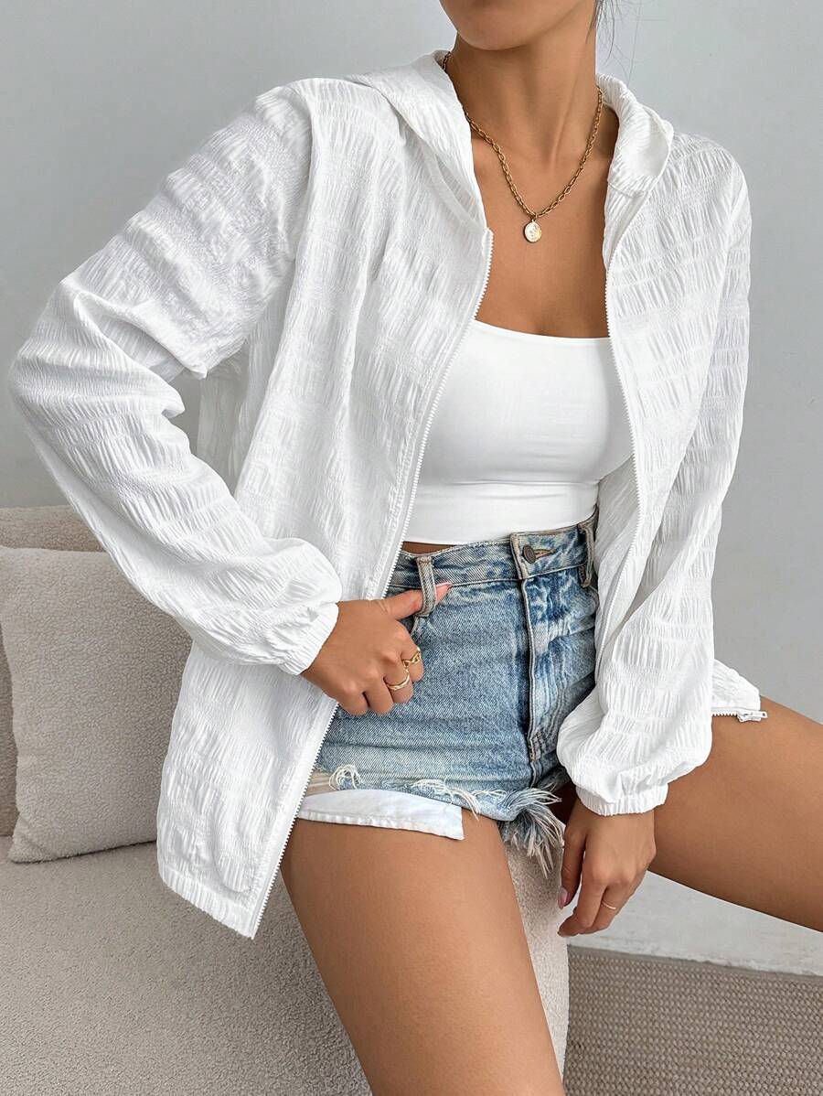 SHEIN Dayvera جاكيت نسائي أبيض خفيف بغطاء رأس وأكمام طويلة