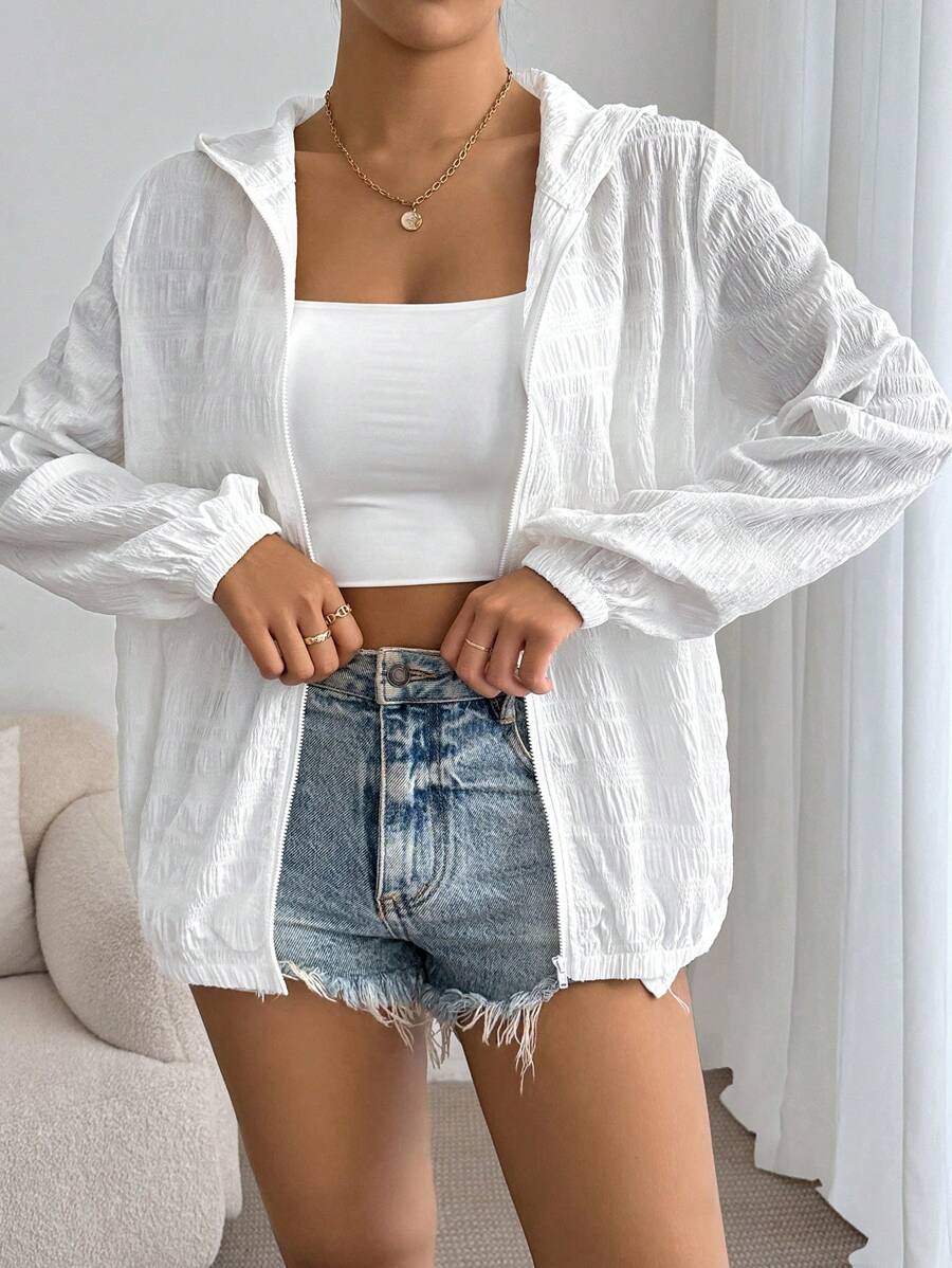 SHEIN Dayvera جاكيت نسائي أبيض خفيف بغطاء رأس وأكمام طويلة