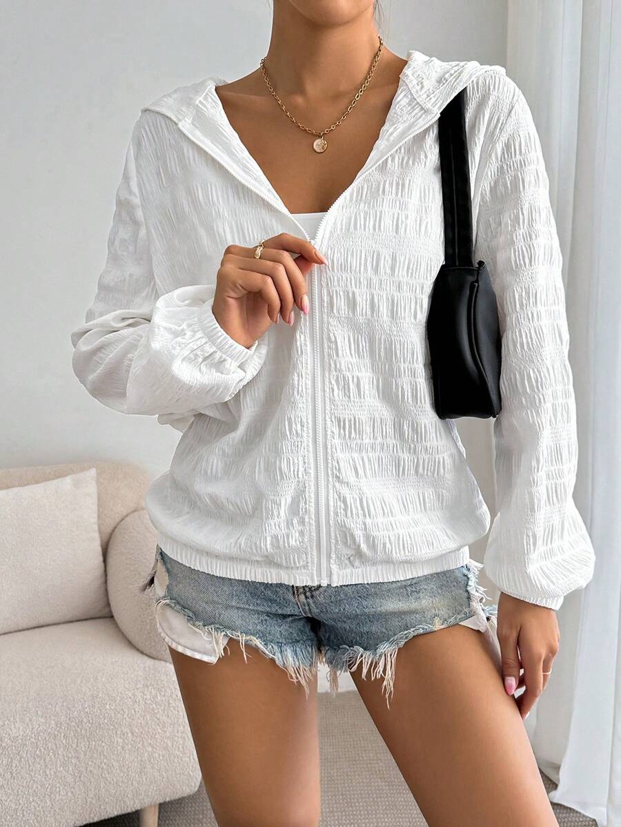 SHEIN Dayvera جاكيت نسائي أبيض خفيف بغطاء رأس وأكمام طويلة
