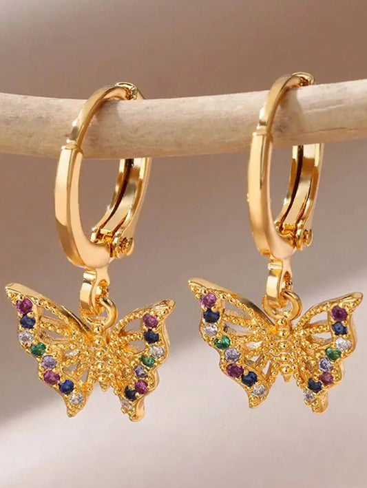 SHEIN زوج أقراط فراشة زركونية ذهبية من الفولاذ