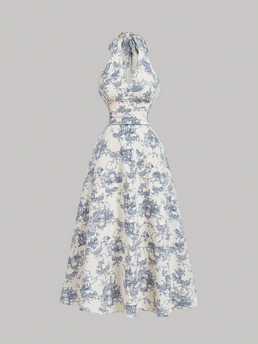 SHEIN MOD فستان بطباعة خزف أزرق وأبيض