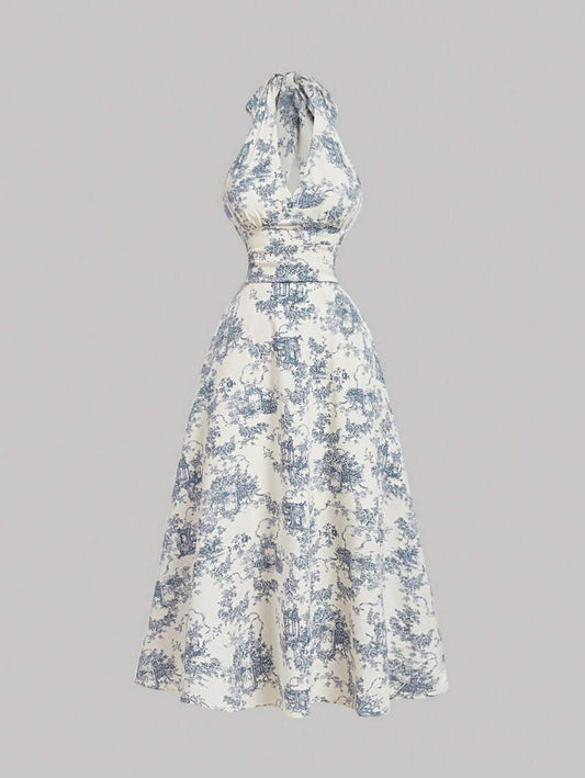 SHEIN MOD فستان بطباعة خزف أزرق وأبيض