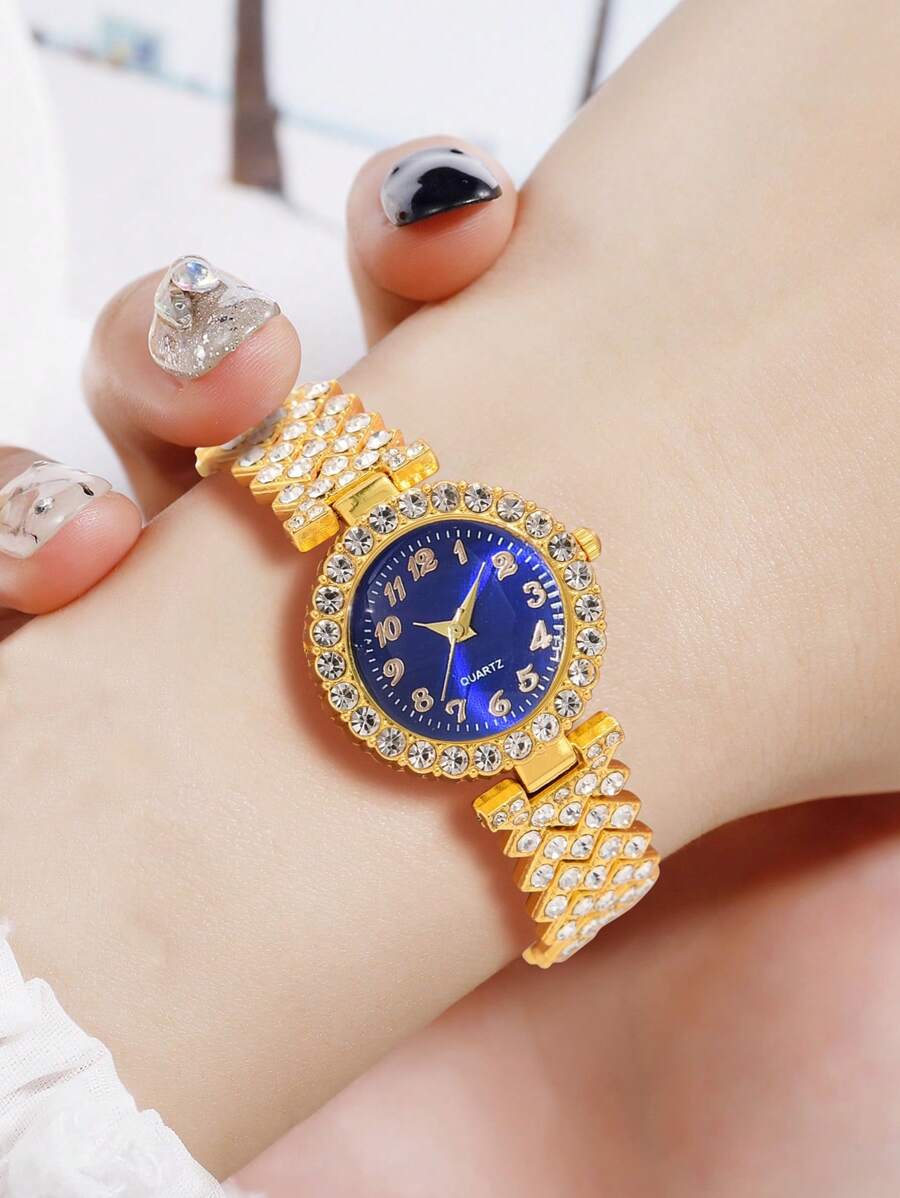 SHEIN طقم ساعة نسائية كوارتز مع عقد ذهبي حزام مرصع