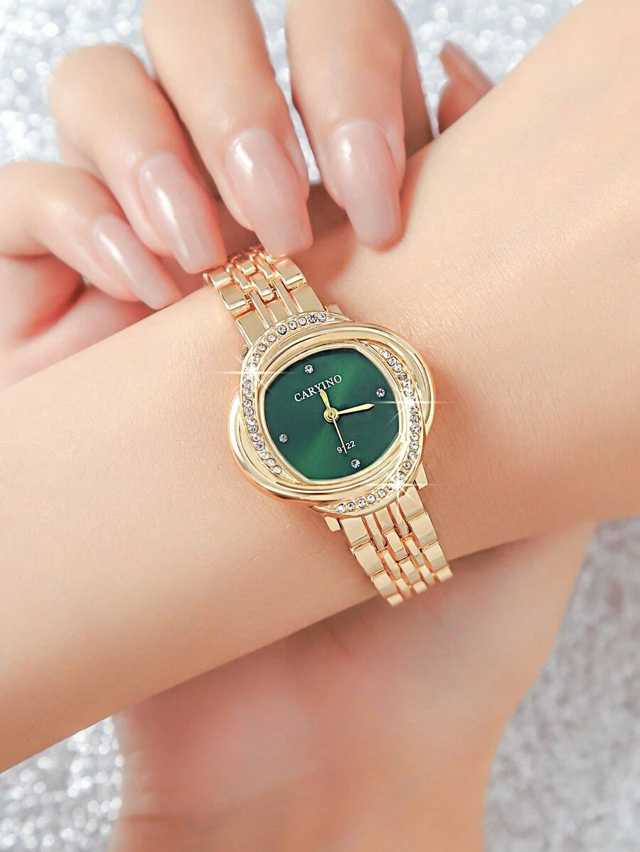 SHEIN ساعة نسائية ذهبي ستانلس ستيل عقارب ماس