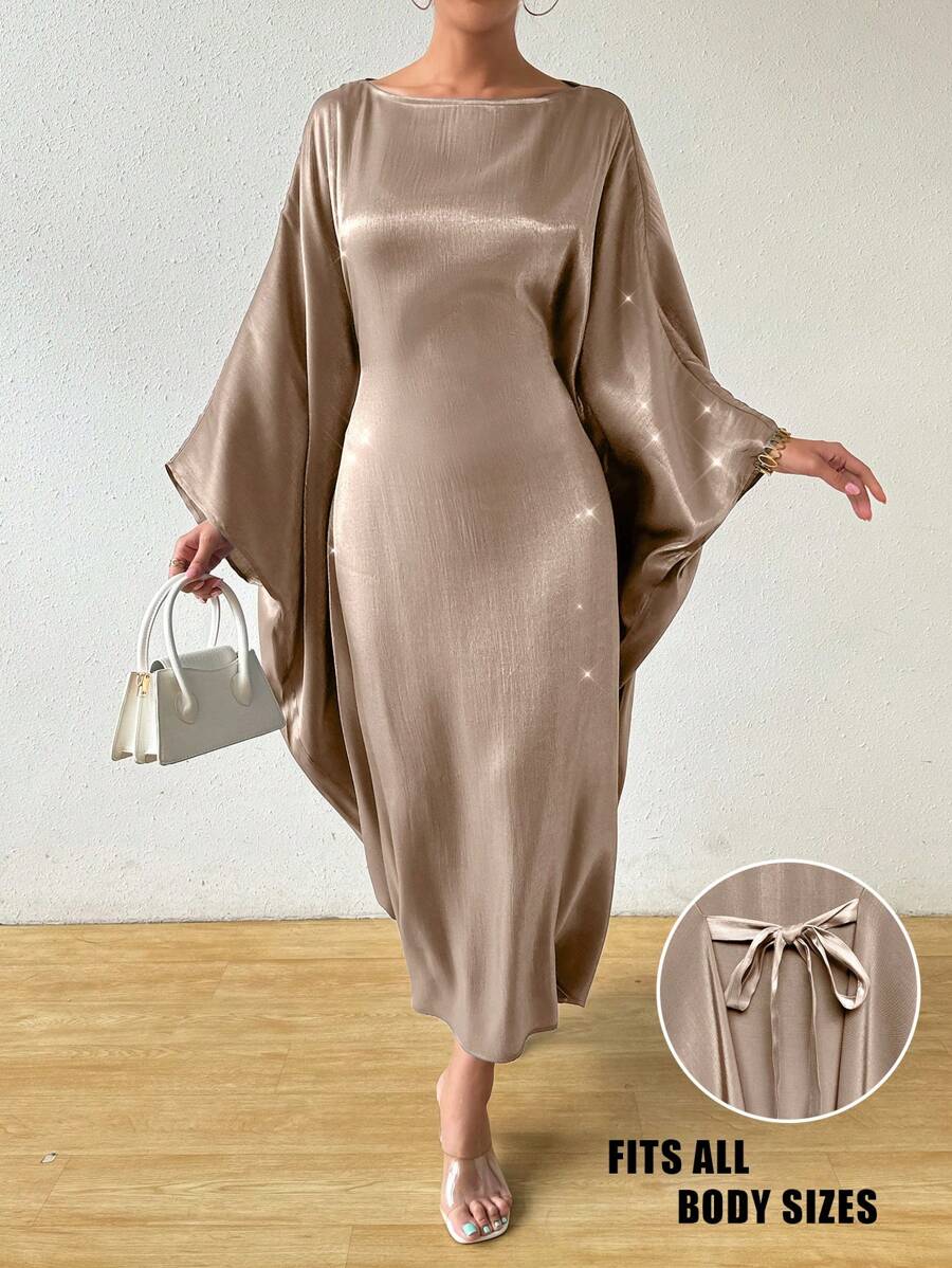 SHEIN Rafferiza فستان طويل أنيق ولامع بلون الشمبانيا