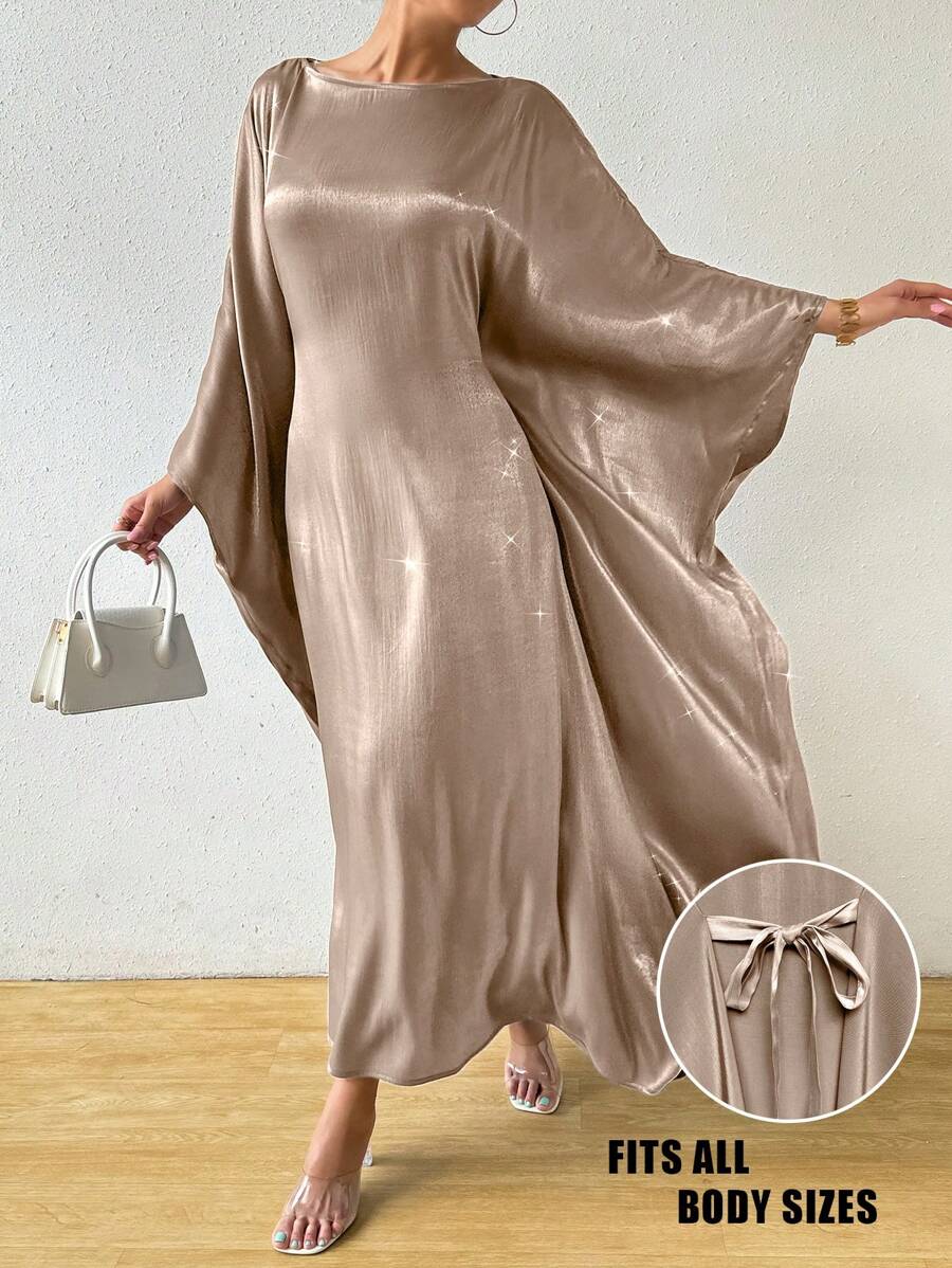SHEIN Rafferiza فستان طويل أنيق ولامع بلون الشمبانيا