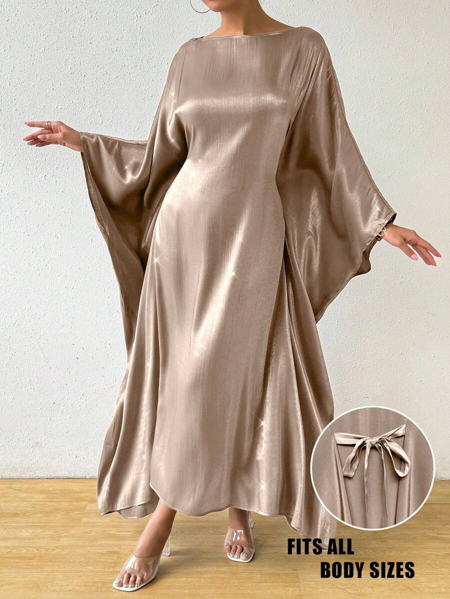 SHEIN Rafferiza فستان طويل أنيق ولامع بلون الشمبانيا