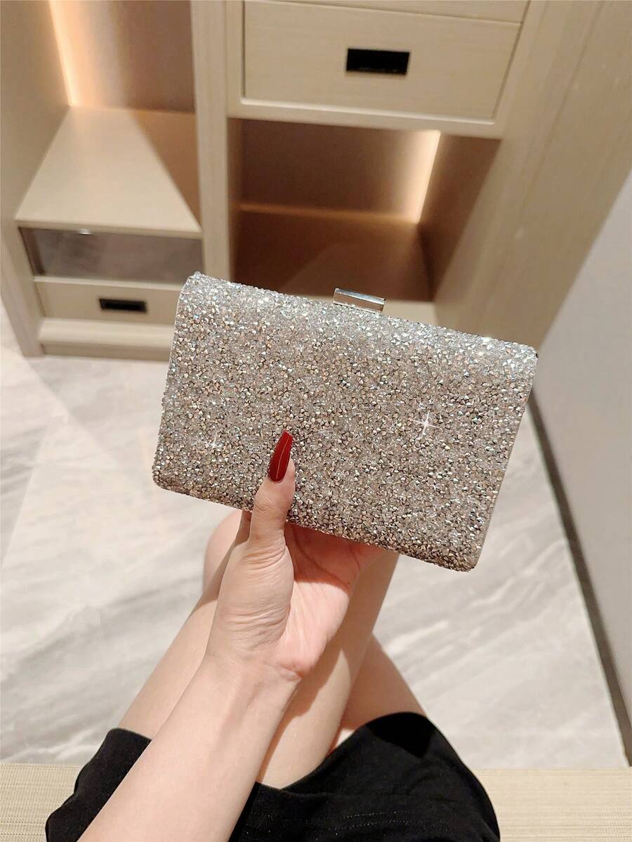 SHEIN حقيبة سهرة فضية مربعة مزينة بالراين
