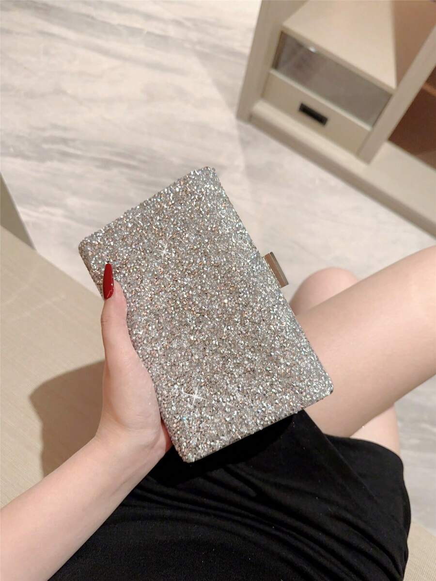 SHEIN حقيبة سهرة فضية مربعة مزينة بالراين