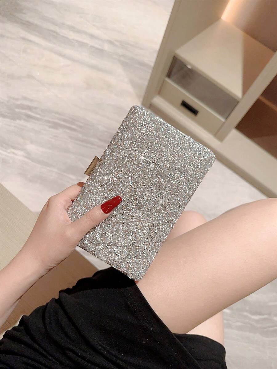 SHEIN حقيبة سهرة فضية مربعة مزينة بالراين