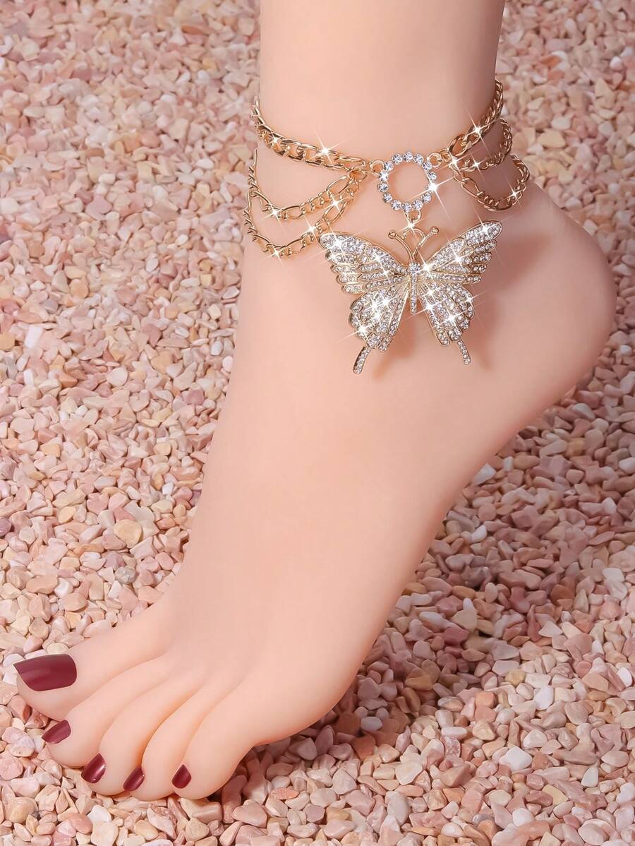 SHEIN سلسلة كاحل كبيرة بشكل فراشة مرصعة بالراين