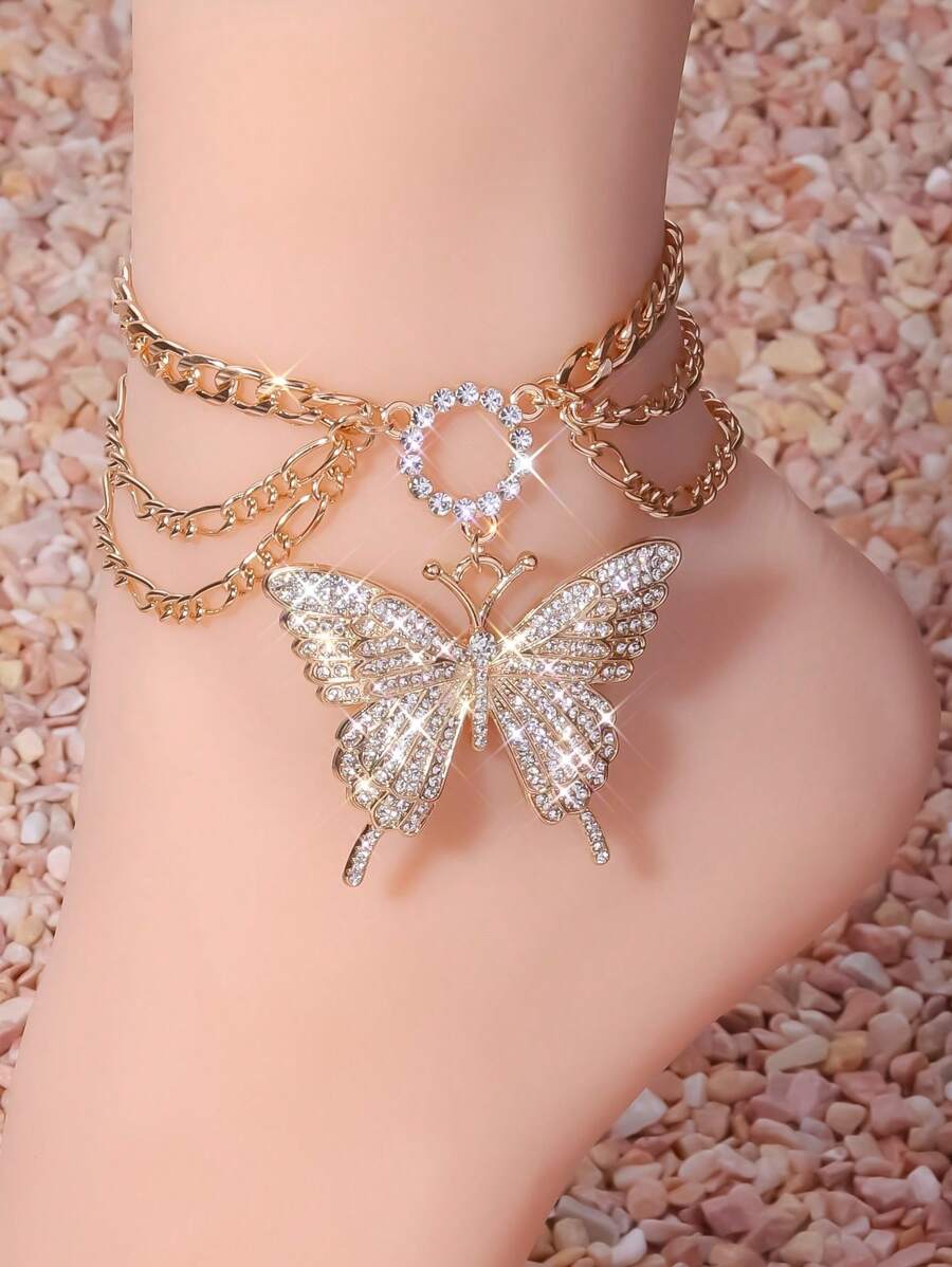 SHEIN سلسلة كاحل كبيرة بشكل فراشة مرصعة بالراين